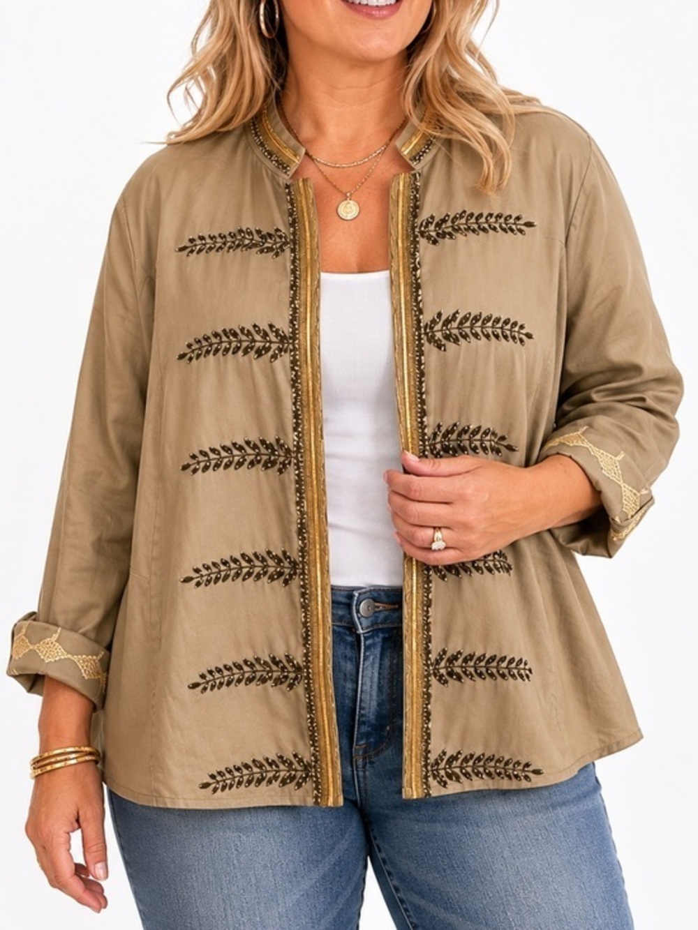 Chico’s Embellished Lyocell Jacket Size 3 Olive Beige Gold Trim Boho Open